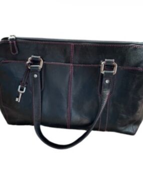 Y2K Fossil large purse satchel work bag black leather with pink stitching Vgt